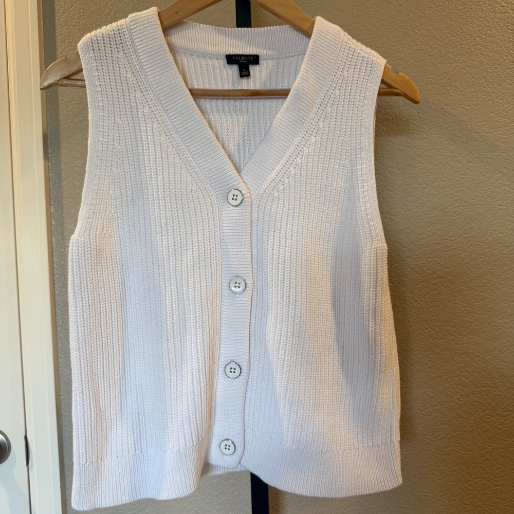 Talbots Petite White Button Front V Neck‎ Knit Sweater Vest Womens LP